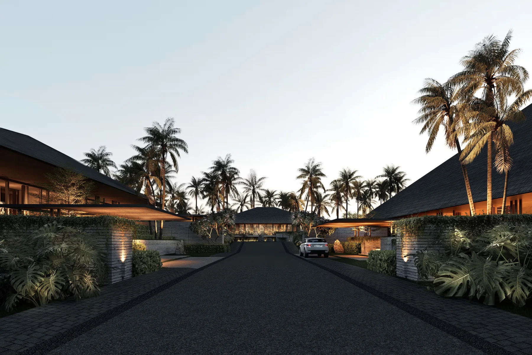 Residential arrival at dusk