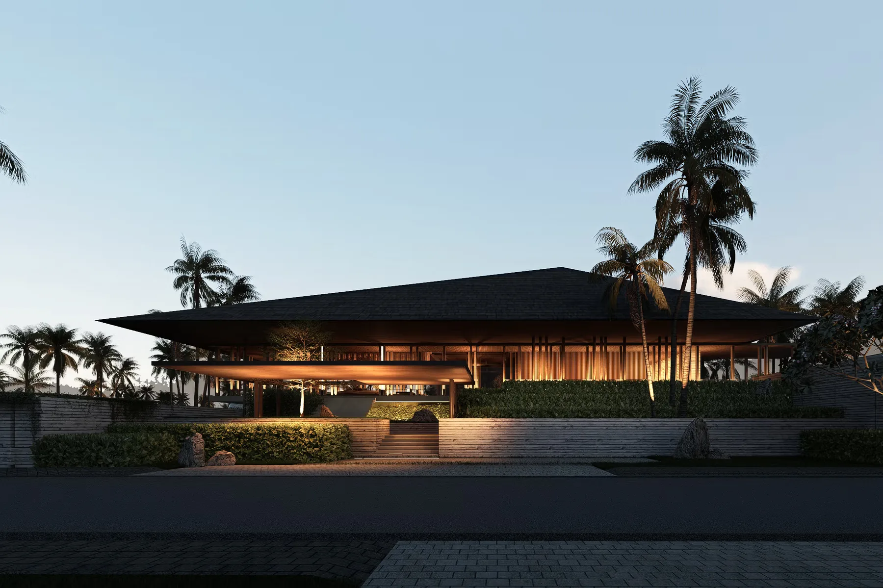 Amenity pavilion at dusk