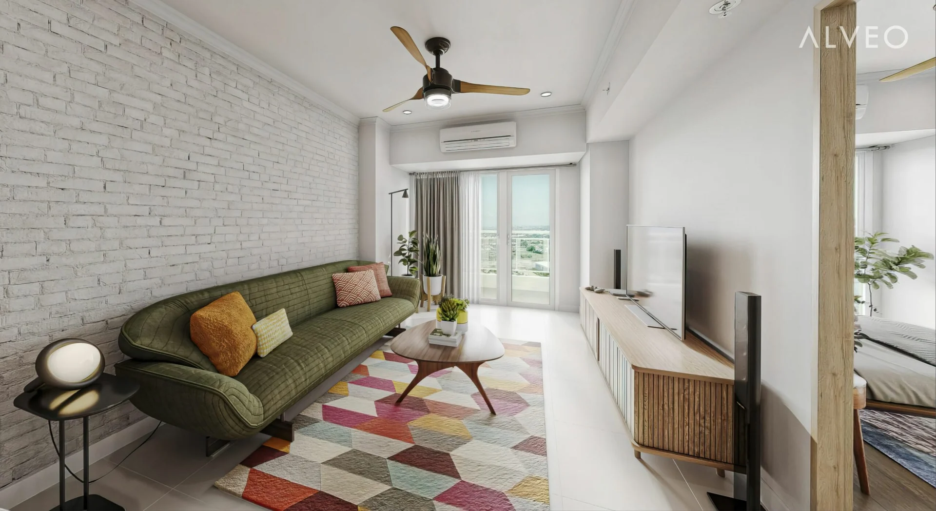 Artist's perspective of a one-bedroom living area at Nuveo at Cerca