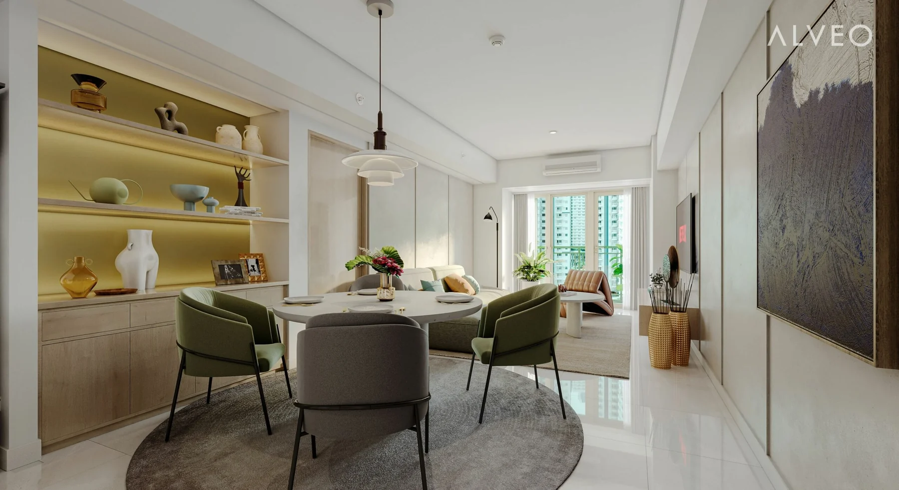 One-bedroom living, dining and kitchen
