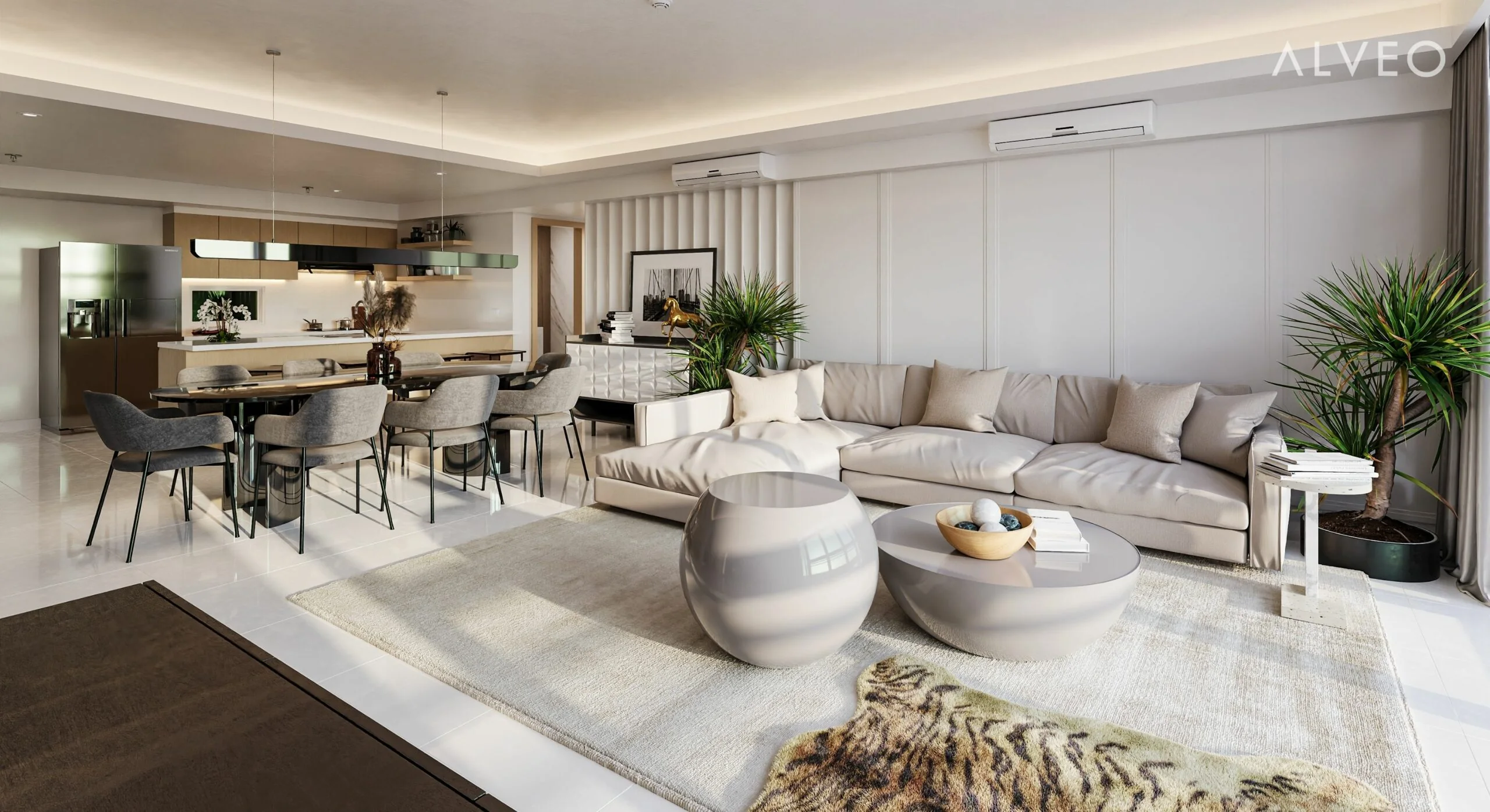 Three-bedroom living and dining area