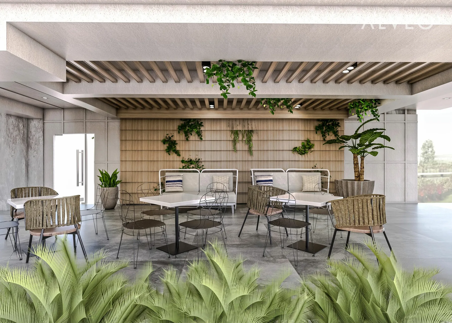 Artist's perspective of the Patio Suites al fresco lounge