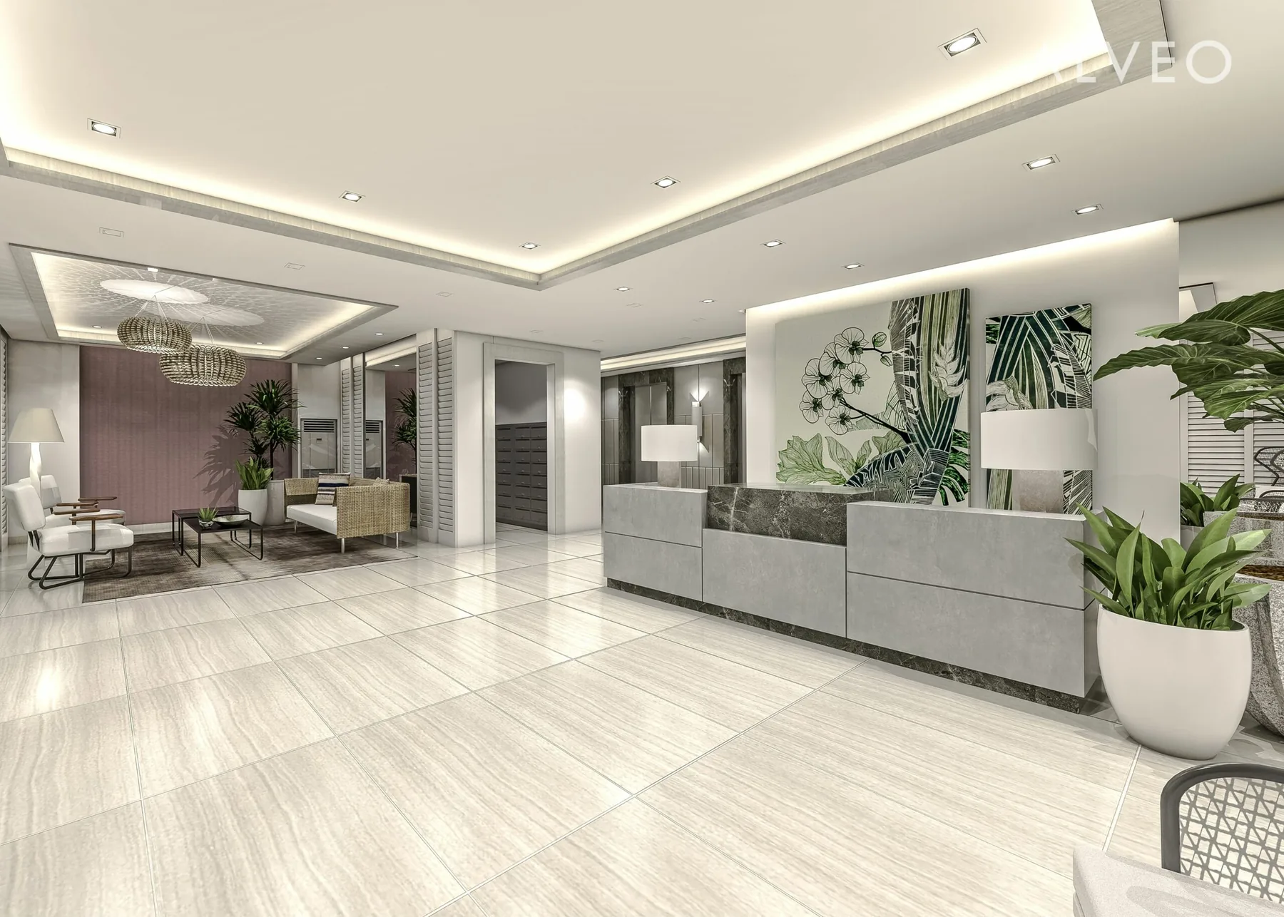 Artist's perspective of the Patio Suites lobby