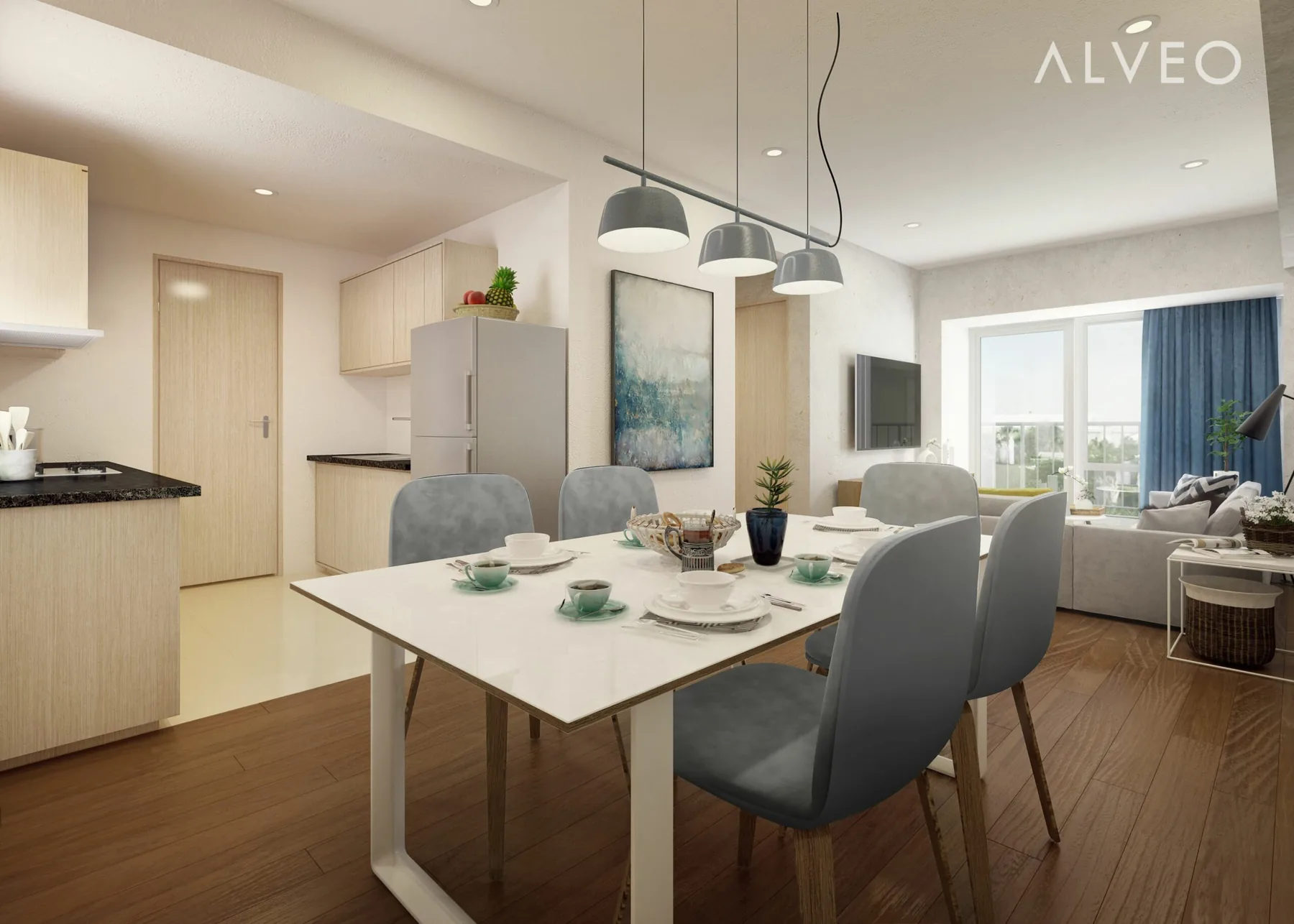 Artist's perspective of a two-bedroom living and dining area at Patio Suites